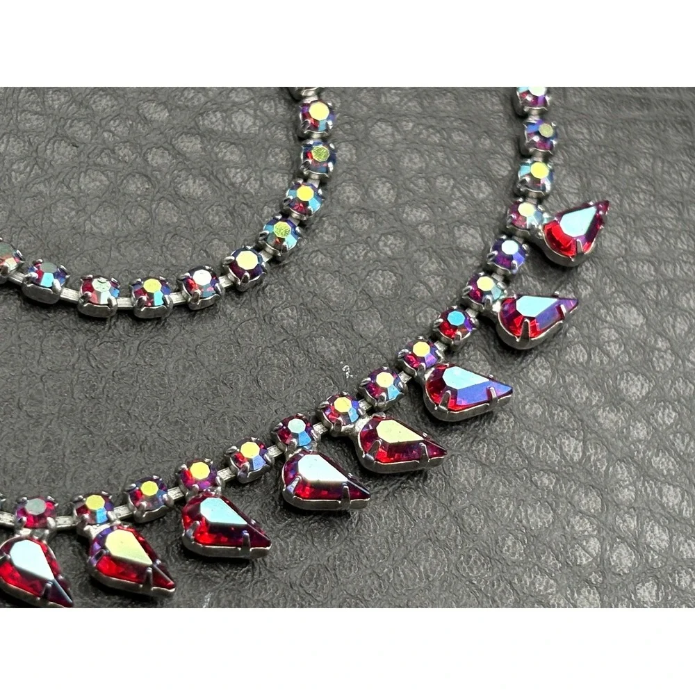 Vintage B. David Aurora Borealis Red AB Crystal Rhinestone Necklace 18